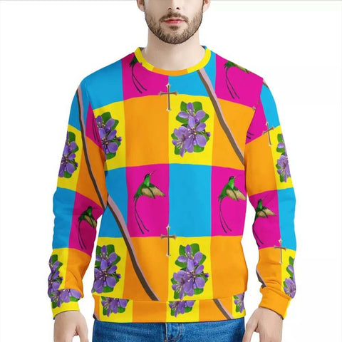 Men Sweatshirt , colourful pop art and hummingbird and flower