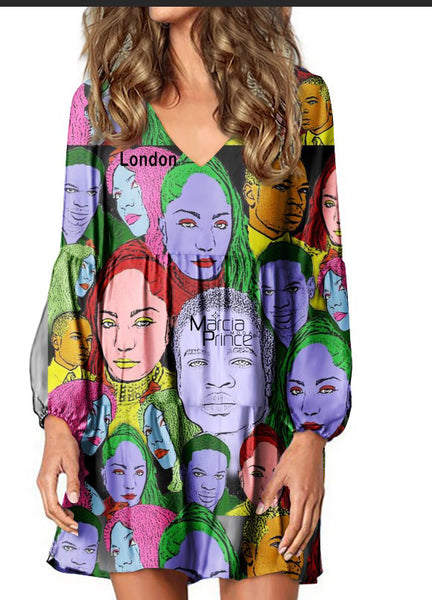 Long sleeve Bohemian chic, hummingbird and lignum vitae flower 2 sister dress and model and designer face pop art dress