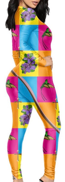 Bright summer hummingbird and lignum vitae full bodysuit and the model and designer face pop art full bodysuit