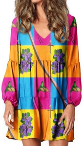 Long sleeve Bohemian chic, hummingbird and lignum vitae flower 2 sister dress and model and designer face pop art dress