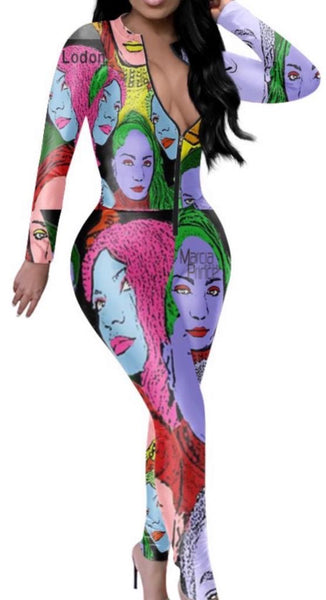 Bright summer hummingbird and lignum vitae full bodysuit and the model and designer face pop art full bodysuit