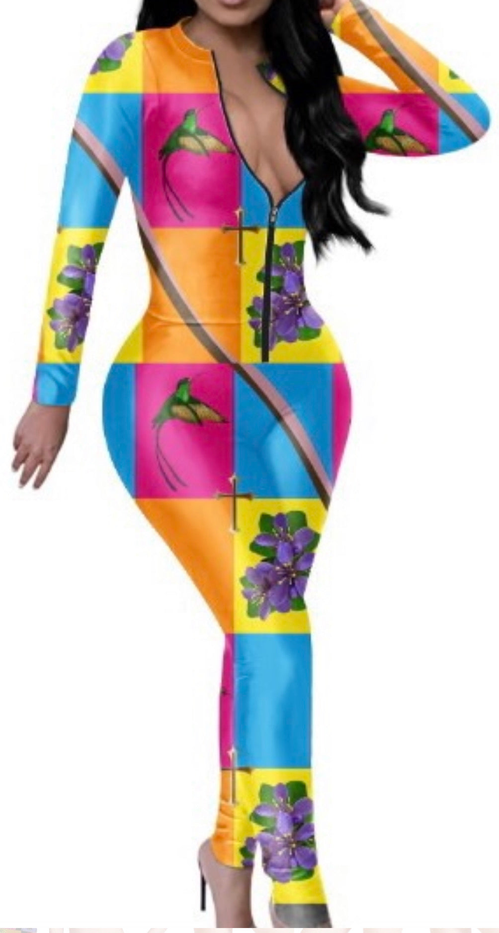 Bright summer hummingbird and lignum vitae full bodysuit and the model and designer face pop art full bodysuit