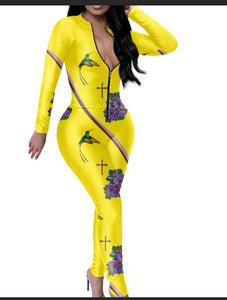 Bright summer hummingbird and lignum vitae full bodysuit and the model and designer face pop art full bodysuit