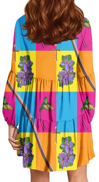 Long sleeve Bohemian chic, hummingbird and lignum vitae flower 2 sister dress and model and designer face pop art dress