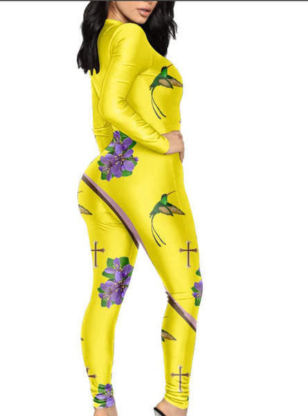 Bright summer hummingbird and lignum vitae full bodysuit and the model and designer face pop art full bodysuit